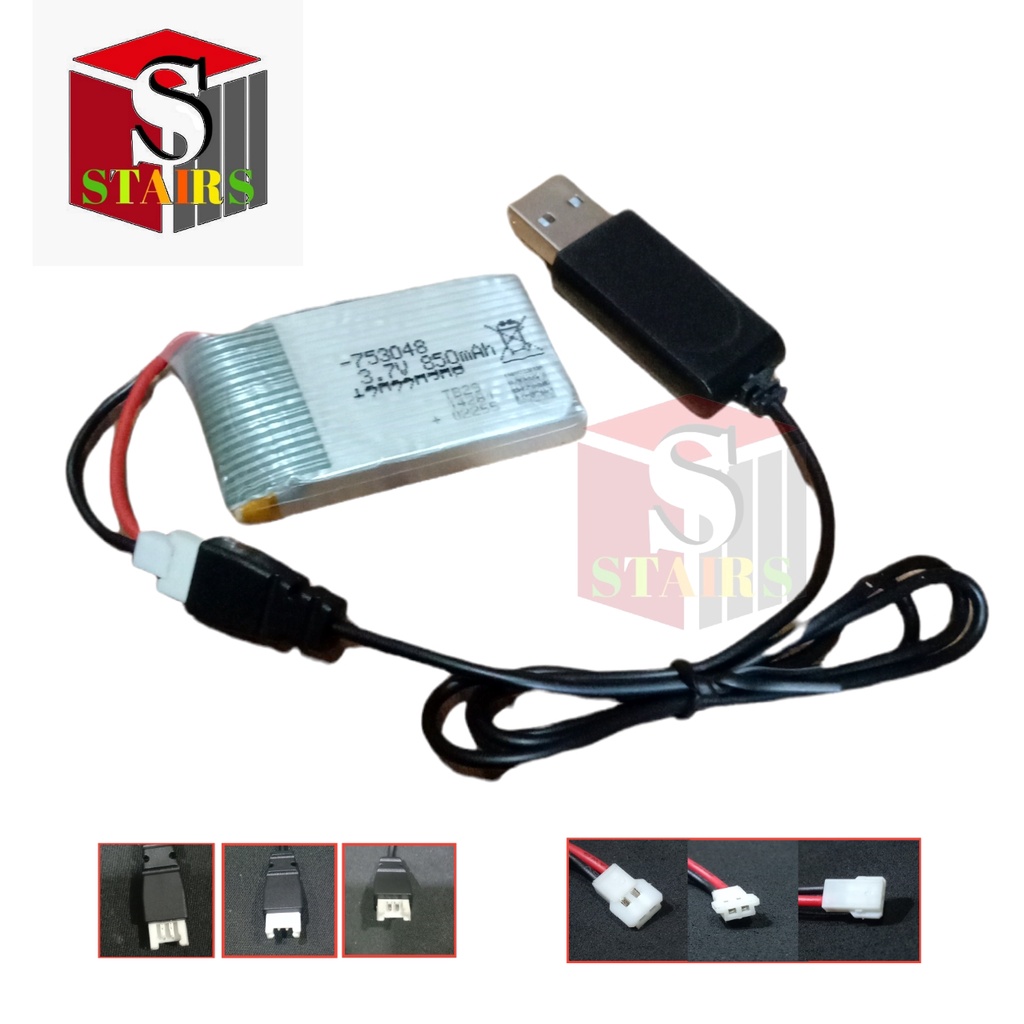 Paket Kabel USB + Baterai Remot Control DRONE LIPO 850mAh 3.7V Konektor JST LOSI