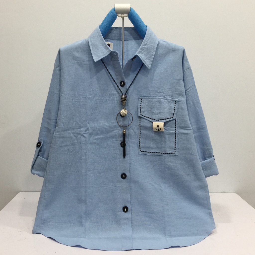 TOKOHAVEONLINE B321 ATASAN KEMEJA WANITA KATUN LINEN IMPORT SIZE XL LD 106CM-BIRU