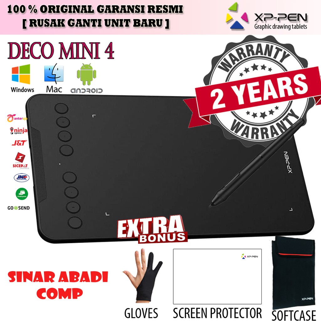 Xp Pen Deco mini 4 Graphic pen tab 8192 press level garansi 2 tahun Bonus Lengkap