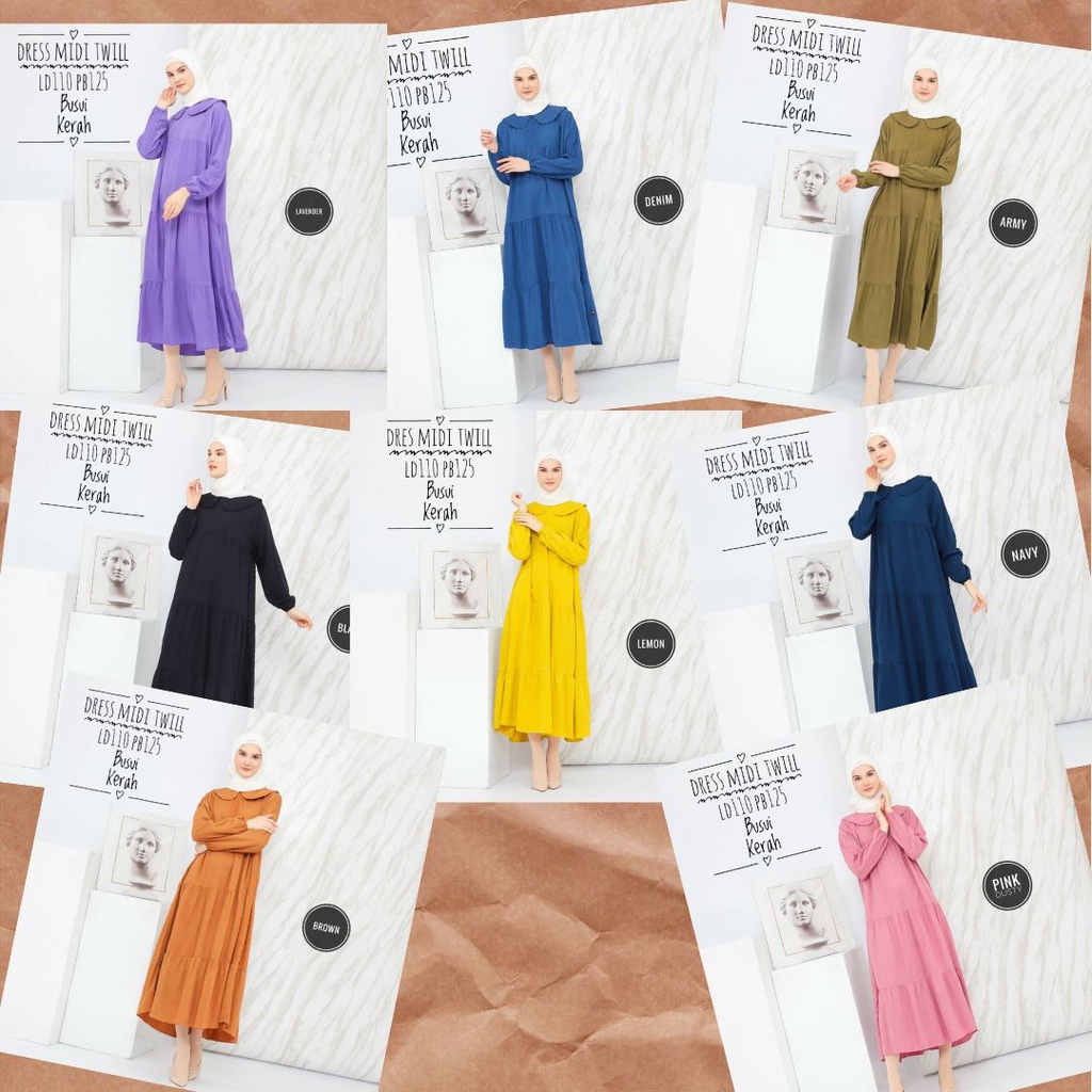 Midi Dress Wanita Lengan Panjang Twill Ori Pekalongan Premium Motif Polos Kekinian Modern Terbaru Ho