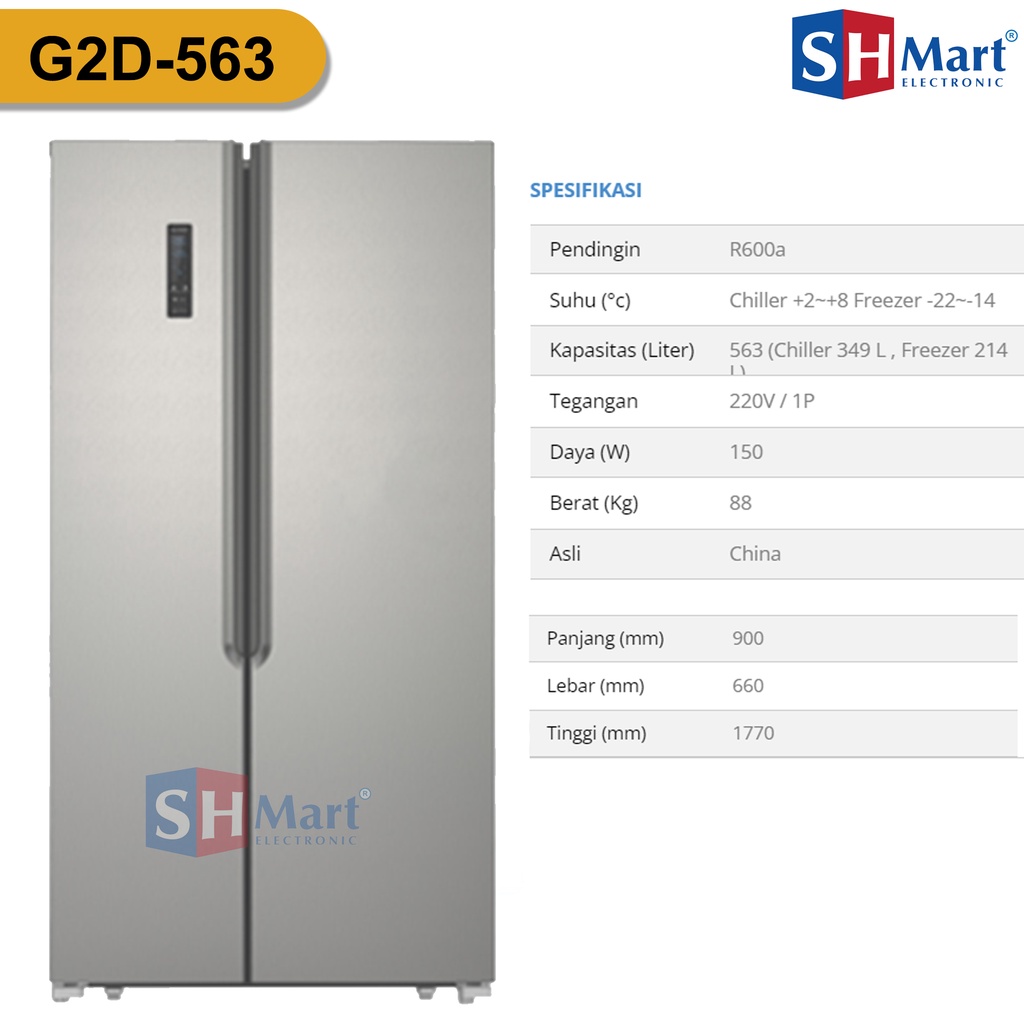 KULKAS SIDE BY SIDE GEA 2 PINTU G2D-563 INOX G2D-563 BLACK INVERTER  GARANSI RESMI (MEDAN)