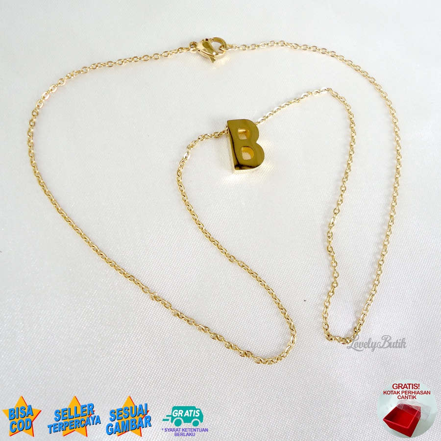 Lovelybutik Kalung Titanium Huruf Abjad Nagita 4Ccent Kalung Alfabet Inisial Huruf A-W Emas 24K Titanium Bonus Kotak Perhiasan