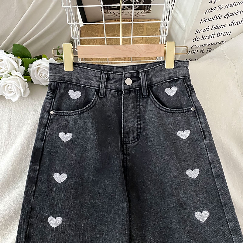 Celana Highwaist Kulot Jeans Wanita - Boyfriend Love Bordir Celana Denim Import（realpict）