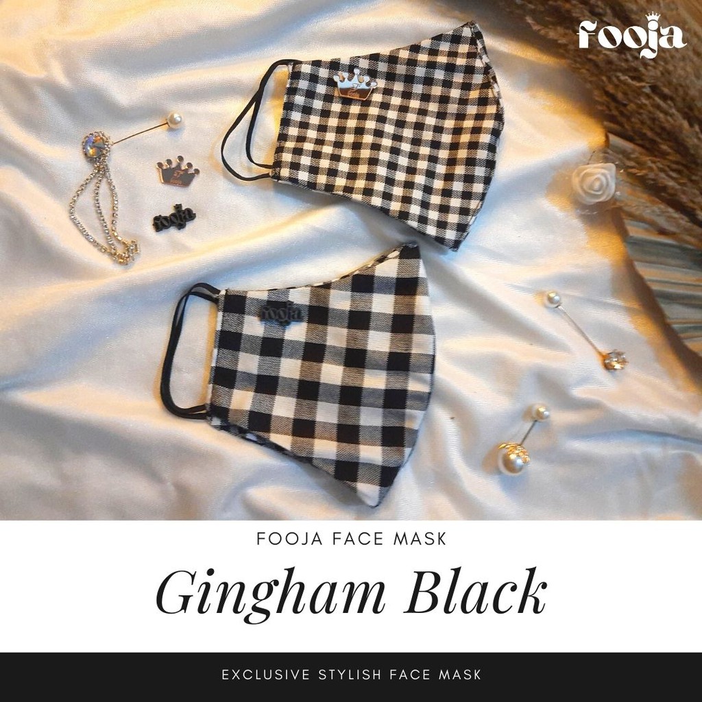 Masker Kain Katun Fooja Motif Gingham Kotak Kotak Hitam Premium