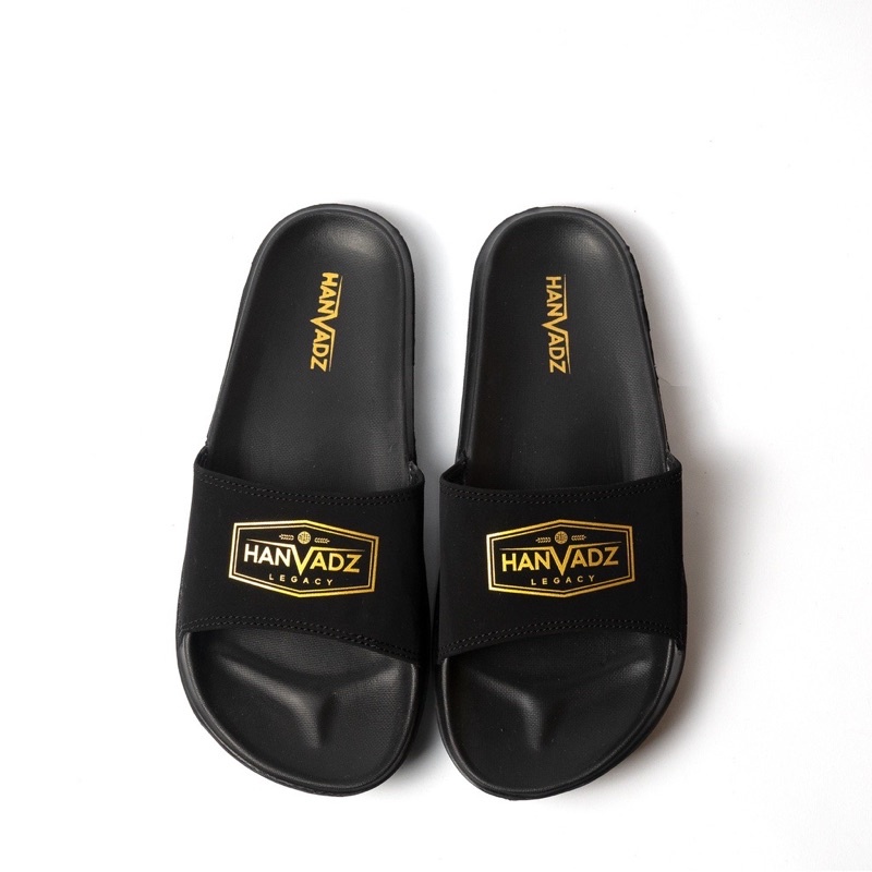 Sandal Slip On Handvadz Black Yellow Text Original