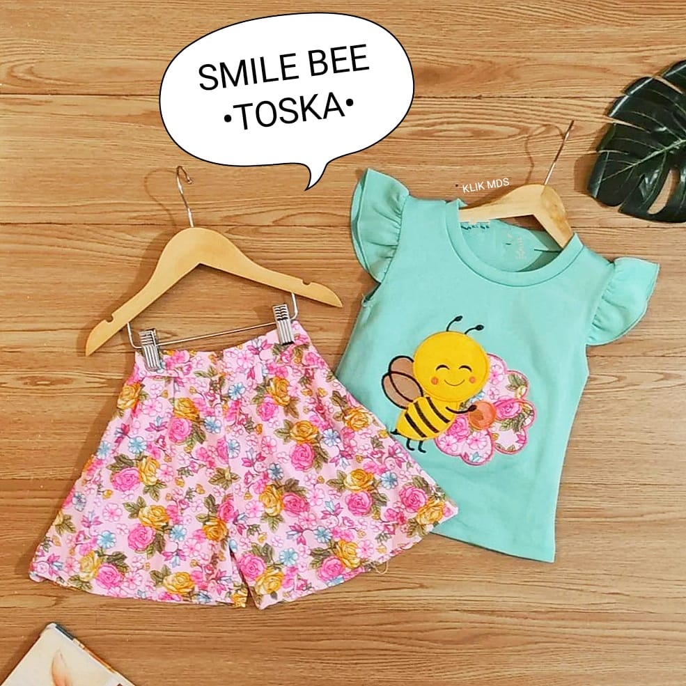 Baju Anak Perempuan Setelan Anak Atasan dan Celana Motif Smile Bee / 4 Ukuran / S-M-L-XL