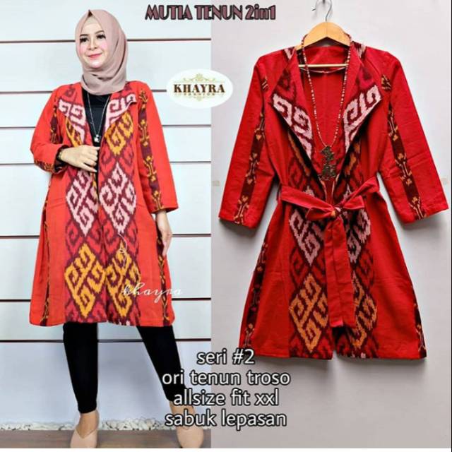 Cardigan tenun merah toraja + free masker tenun