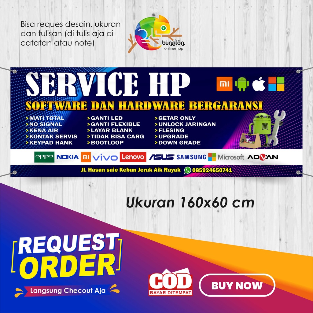 Size 160x60 Cm, Spanduk Banner Konter Pulsa, Service Hp, Dll