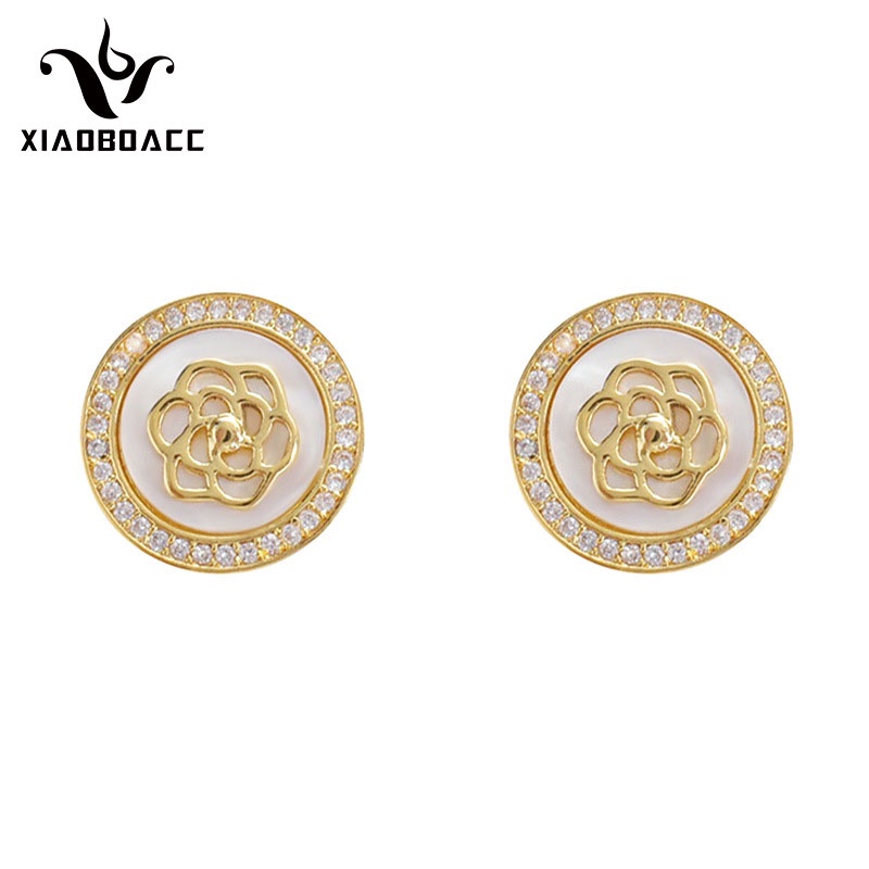 XiaoboACC Anting Stud S925 Silver Needle Bentuk Bunga Bulat Aksen Berlian Gaya Vintage Untuk Wanita