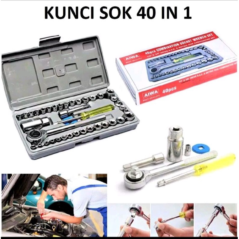 COD // AIWA Kunci Soket 40 In 1 // ToolKit Set 40 pcs - Wrench Ring - Tools Kit - Kunci Pas - Sock - Shock - Pas- Obeng Multi