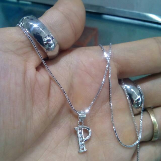 Kalung+Liontin Huruf P Kalung italy Perak Asli Lapis Emas Putih