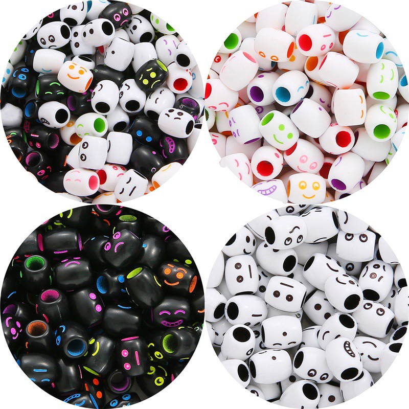 30Pcs/Lot 10mm Randomly Mixed Smiley Face Acrylic Barrel Hair Braid Dreadlock 5mm Hold Tube Beads For Diy Handmade Jewelry Making