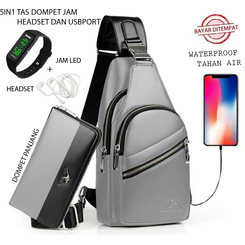 TANMESSO  5IN1 BAYAR DITEMPAT-BONUS JAM LED,DOMPET &amp; USBPORT&amp;HEADSET- TAS SELEMPANG PRIA