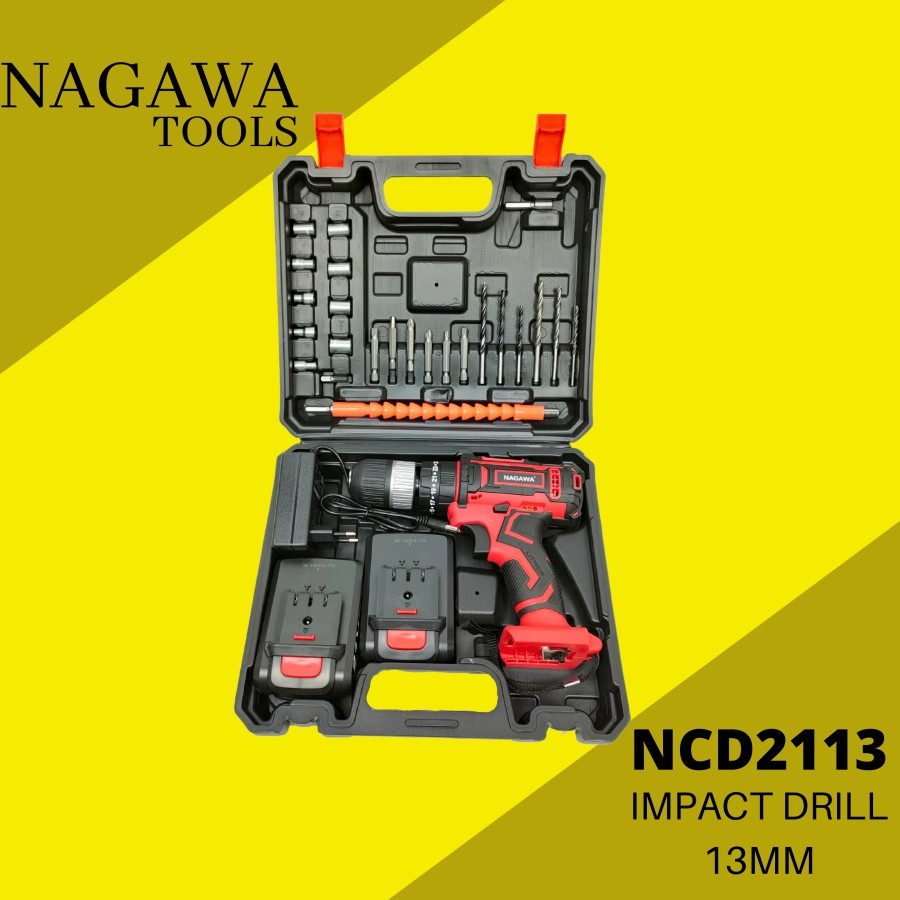 CORDLESS HAMMER DRILL 21V SET MESIN BOR BATERAI NAGAWA NCD2113 - Kuning