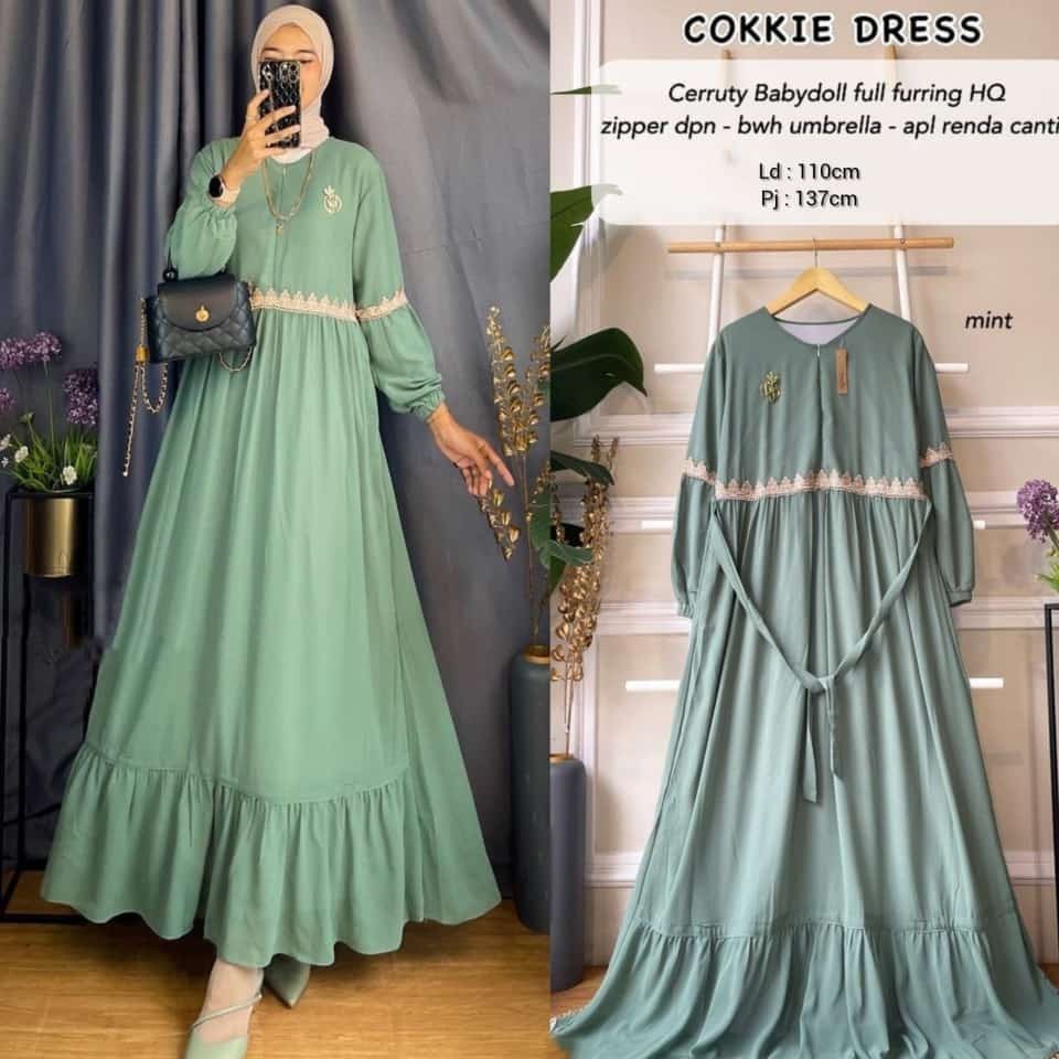 COOKKIE DRES BAHAN CERUTY BABYDOLL FULL FURING APLIKASI RENDA UKURAN LD 110 CM PB 138 CM  BAJU GAMIS WANITA TERBARU KEKINIAN  BAJU DRES WANITA SIMPLE , ELEGAN , HARGA MURAH COCOK UNTUK KONDONGAN  BAJU DRES 2022