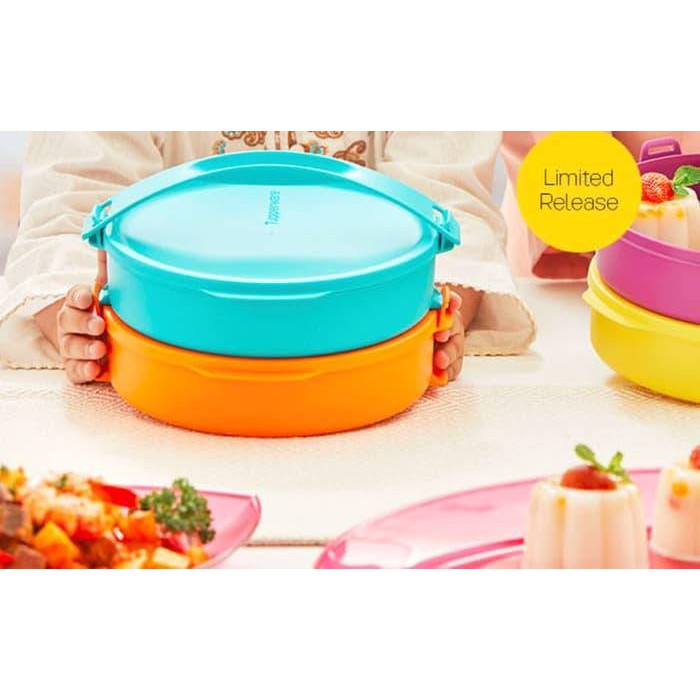 TUPPERWARE CLICK TO GO ROUND 880 ML 2 LAYER SET A BIRU ORANGE