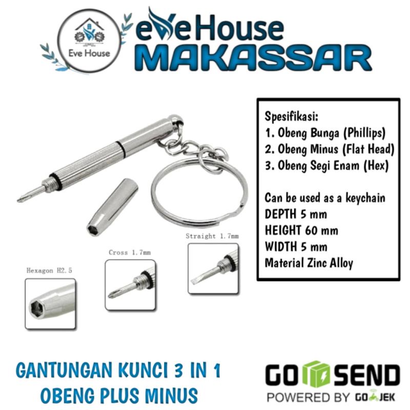 Makassar V135 Gantungan kunci 3 in 1 obeng mini plus minus untuk kacamata