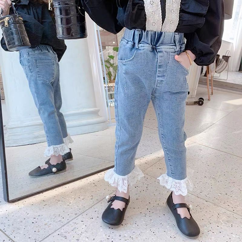 Celana Jeans Anak Perempuan Import  Premium Celana Panjang Anak Cewe Motif Renda Pita Mutiara