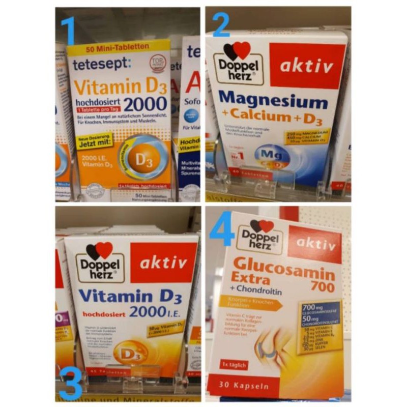 PO Tetesept, Vit D3, Magnesium+calcium+d3, Vit D3 dosis 2000, Glucosamin persendian