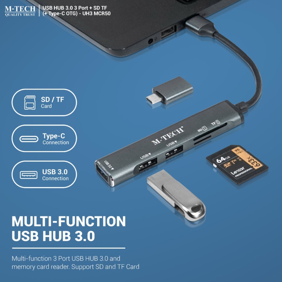 Usb A 3.0 hub m-tech 3 port 5Gbps aluminum with tf micro SD card otg type-c for pc cpu laptop phone cr-50 cr50 - Terminal usb3.0