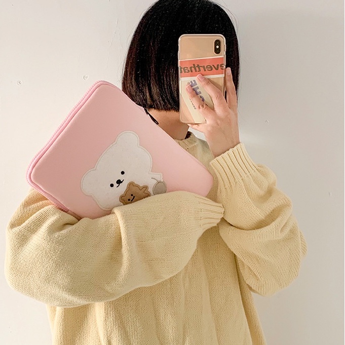 Sleeve Pouch Sarung Tas Bag Case Ipad Tab Tablet Macbook Air Pro Laptop Asus Acer Lenovo HP Huawei 11 12 13 14 15 inch Motif Gambar Beruang Bear Warna Pink Soft Lucu Cute Murah Korean Model