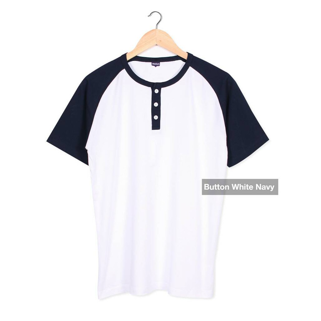 Kaos Polos Kancing Pria White Navy – Kaos Henley Pria Button Putih Biru Navy