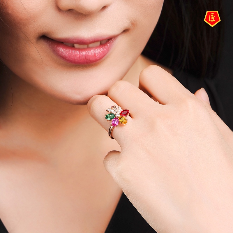 [Ready Stock]Fashion Elegant Rose Gold Flower Colored Gems Ring