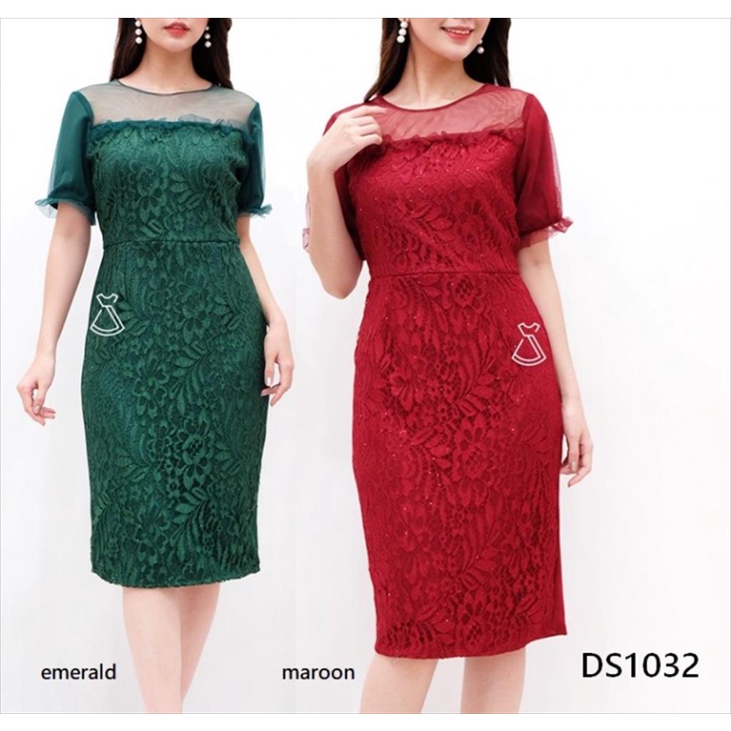 DS1032 - dress pesta brukat lace tile premium scuba sepan midi wanita elegan