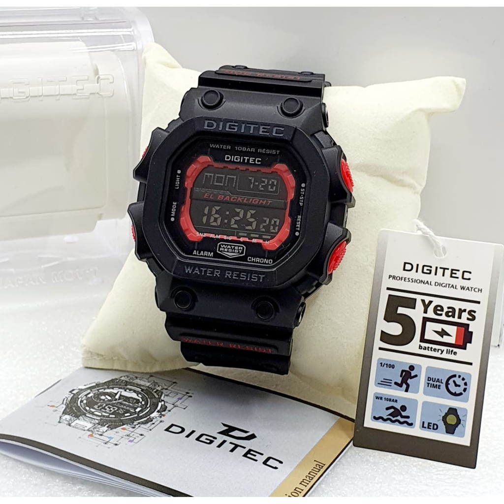 Jam Tangan Pria Digitec Sporty Original DG2012 Tali Karet Hitam Lis Merah