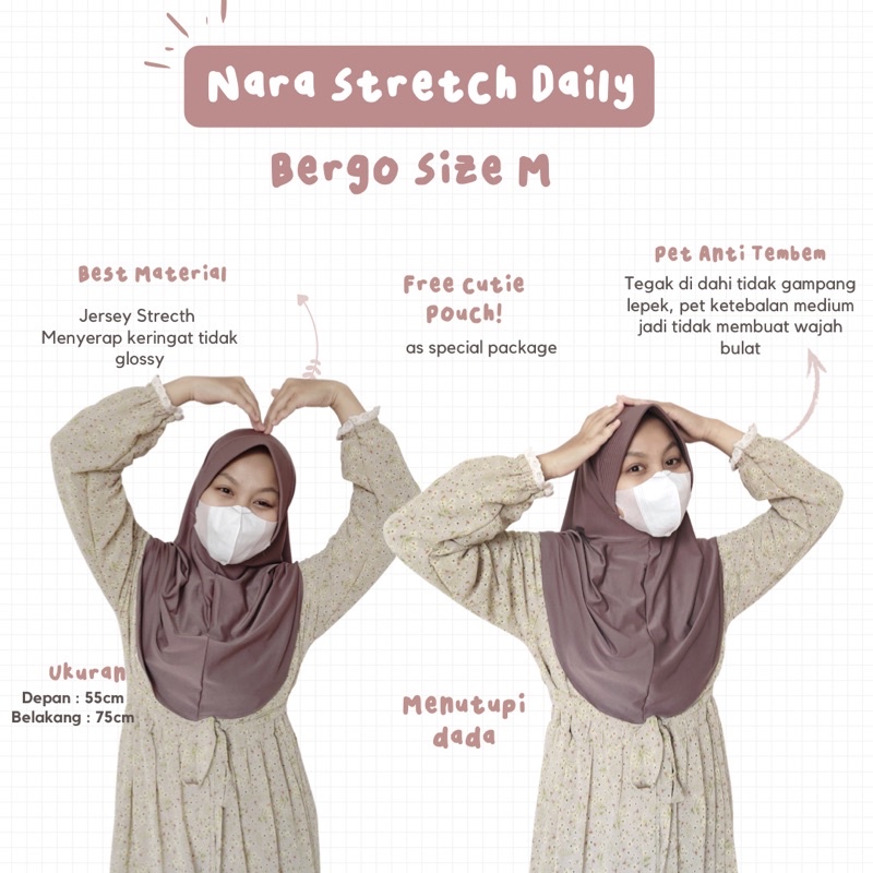 Nara Daily Stretch Bergo size M (Menutup dada) • Bergo Jersey Premium untuk Sekolah dan Olahraga