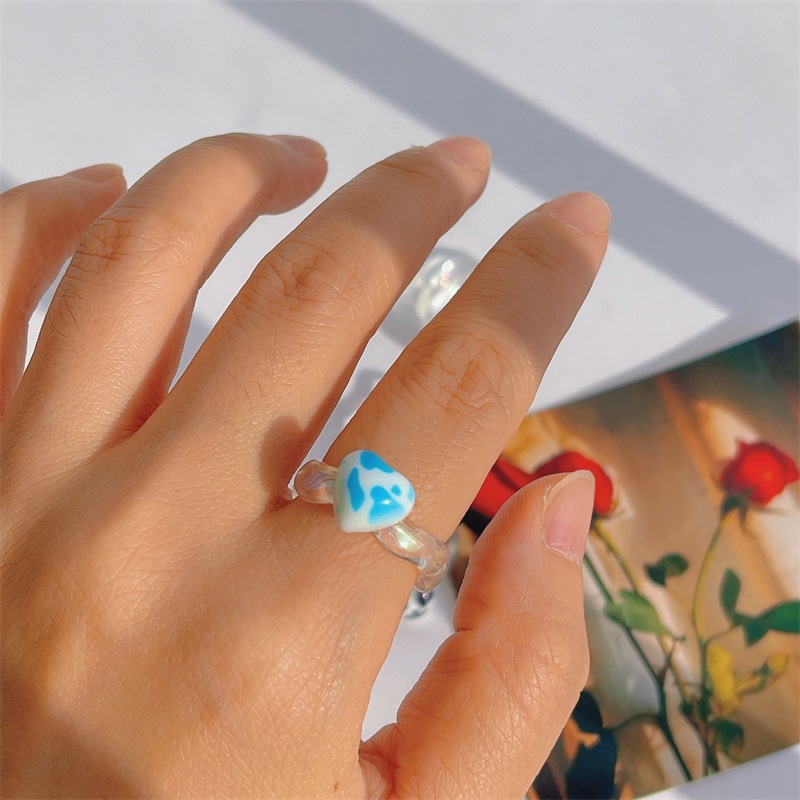 Cincin Resin Bening Motif Print Hati Gaya Korea Untuk Wanita