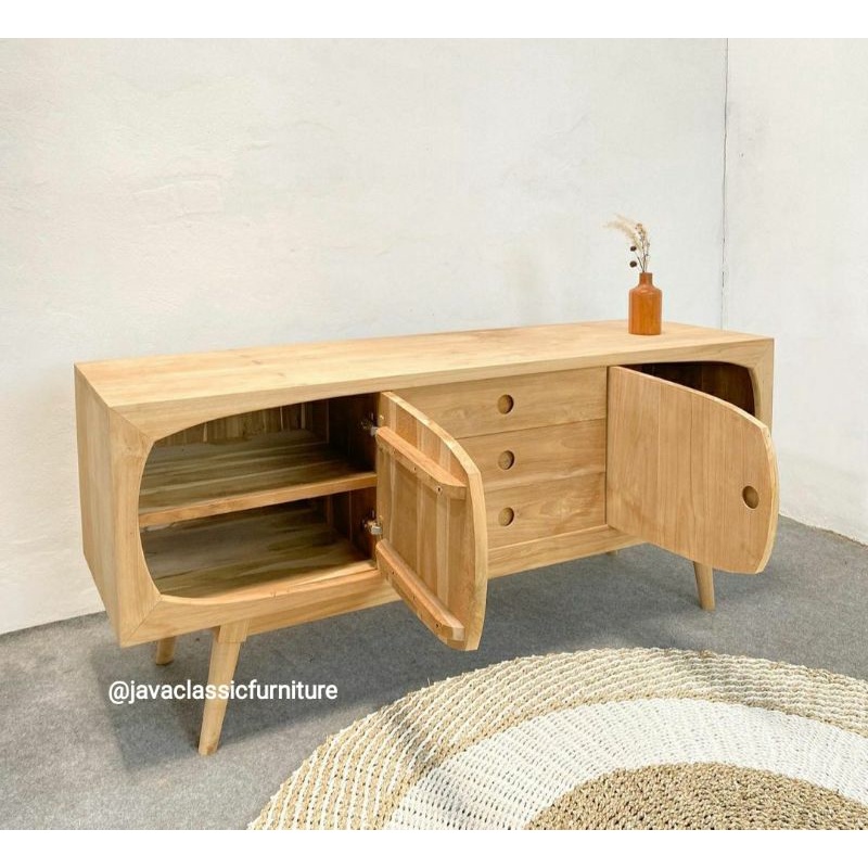 BUFET TV RETRO MINIMALIS PAJANGAN RUANG TAMU BAHAN KAYU JATI TPK FINISHING NATURAL-2