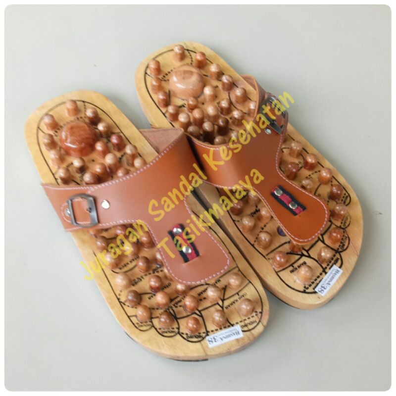 Sandal Kesehatan Kayu Jepit Sendal Slop Alas Kaki  Rematik Akupuntur Terapi Cucuk Refleksi Hasbina-SKJ-Coklat Gesper