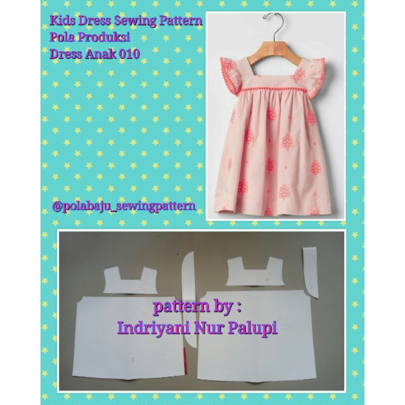 Pola Baju Dress Anak 010 - Pola Instan Dress Anak lengan sayap -  Sewing Pattern