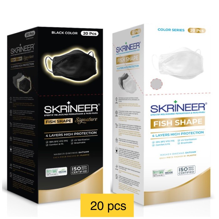 Masker fish shape 4 ply skrineer / Masker 4 ply bukan evo sensi - Putih, 20pcs