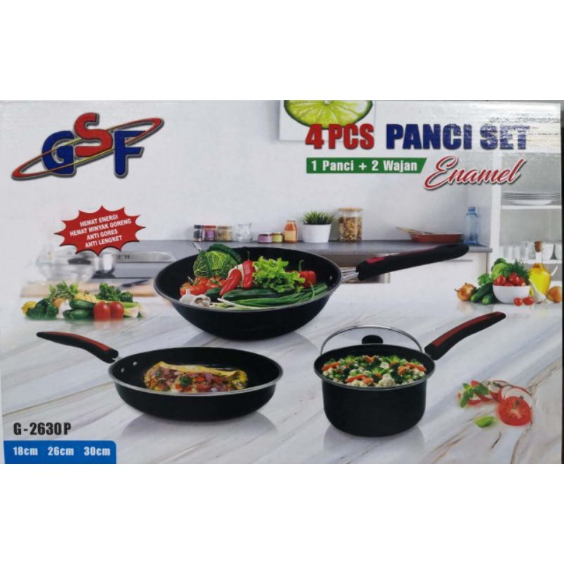 Panci set enamel 4pcs gsf 2630 cookware set enamel GSF anti lengket tutup kaca