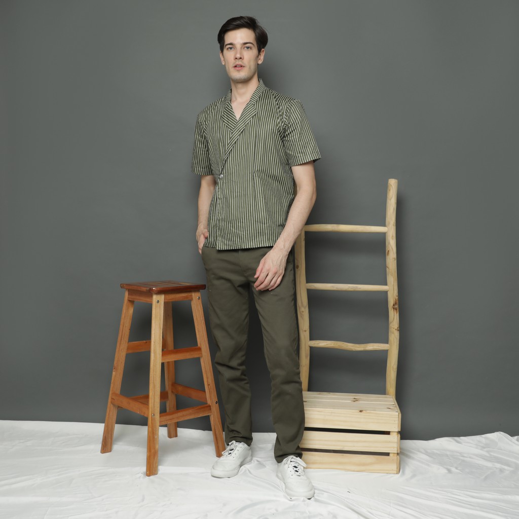 Grunes Shirt - kemeja salur kasual pria garis putih army atasan katun cowok Korea