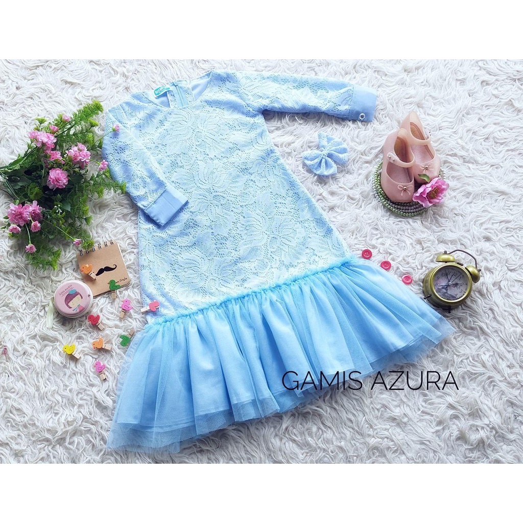 Gamis Azura/Gamis Brukat Kekinian/Gamis Lebaran Wanita Warna Baby Blue