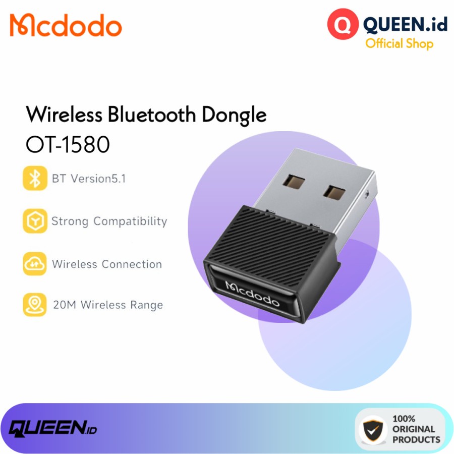 Mcdodo OT-1580 USB Bluetooth 5.1 Dongle Wireless Adapter Receiver PC Laptop - Dongle Laptop MCDODO OT-1580