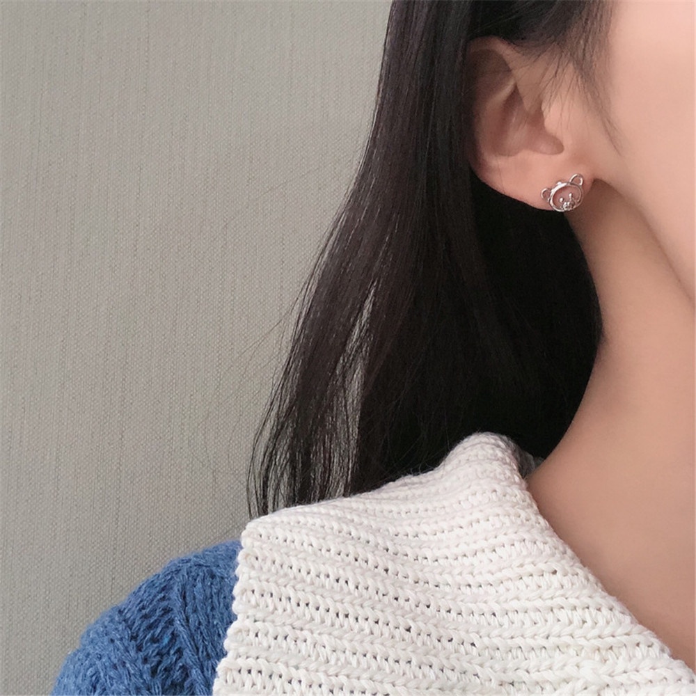 1pasang Korea Lucu Fashion Beruang Beruang Perak Stud Earrings untuk Wanita