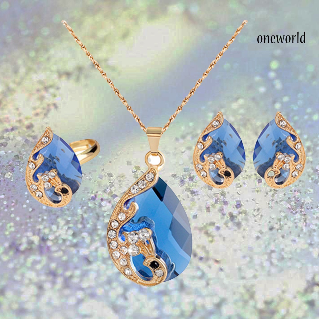 OW@ Jewelry Set Rhinestone Inlaid Temperament Alloy Exquisite Waterdrop Pendants Earrings Ring for Anniversary