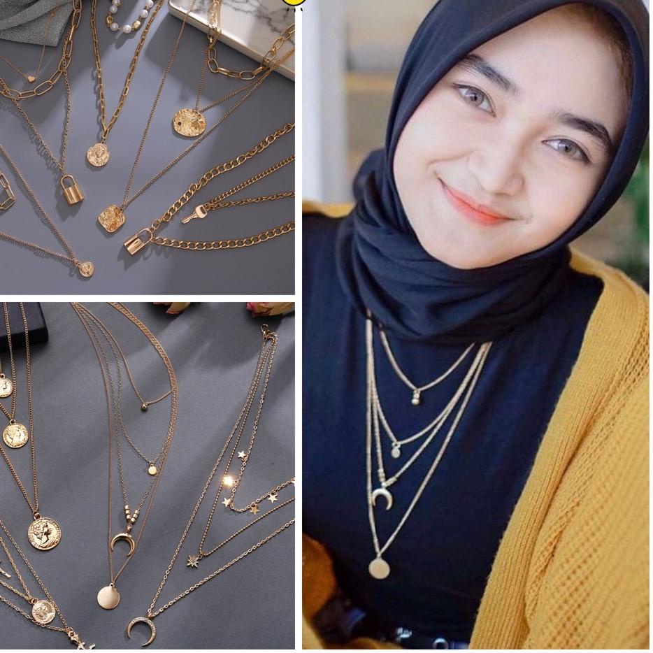 ⚡Flash Sale Kalung Wanita Hijab Multilayer Bertingkat Warna Gold Silver Gaya Korea Retro Aksesoris K