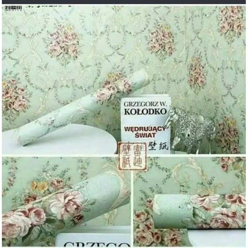 Wallpaper Dinding Motif Bunga Pink Latar Hijau Tosca