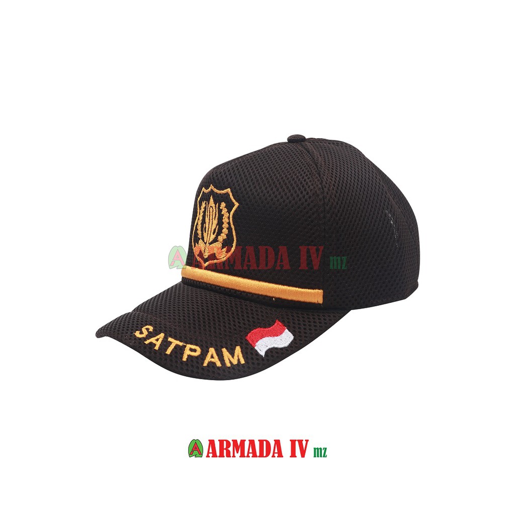 Topi Satpam Security Coklat MP Logo Jaring Jala List Kuning