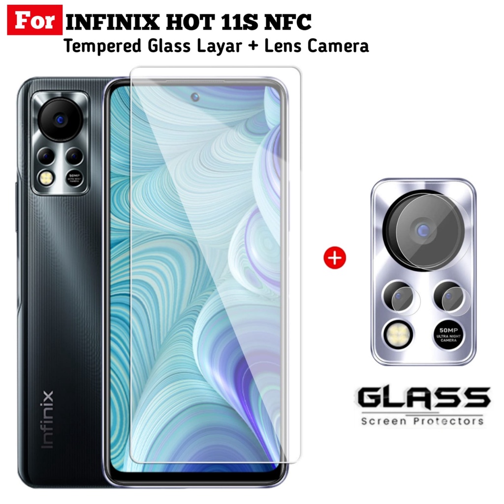 Paket Tempered Glass INFINIX HOT 11S NFC Anti Gores Layar Clear FREE Lens Camera Protector Handphone