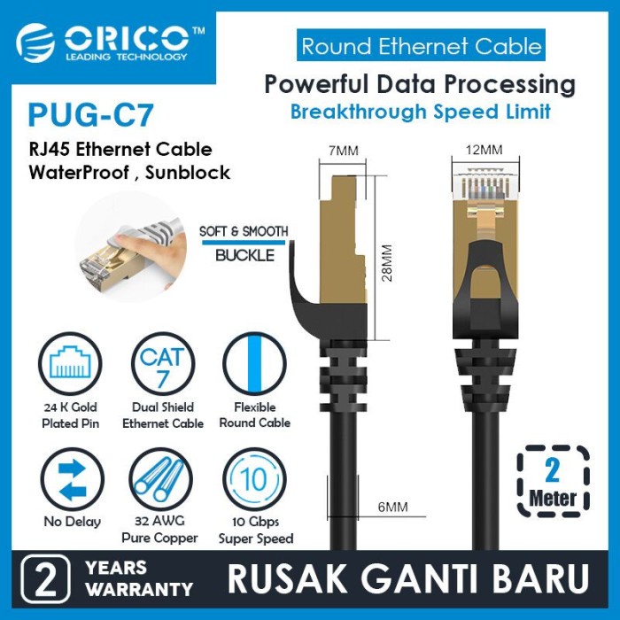 LAN ORICO LAN Round Cable CAT7 10Gbps Ethernet Network - 2M - PUG-C7-20