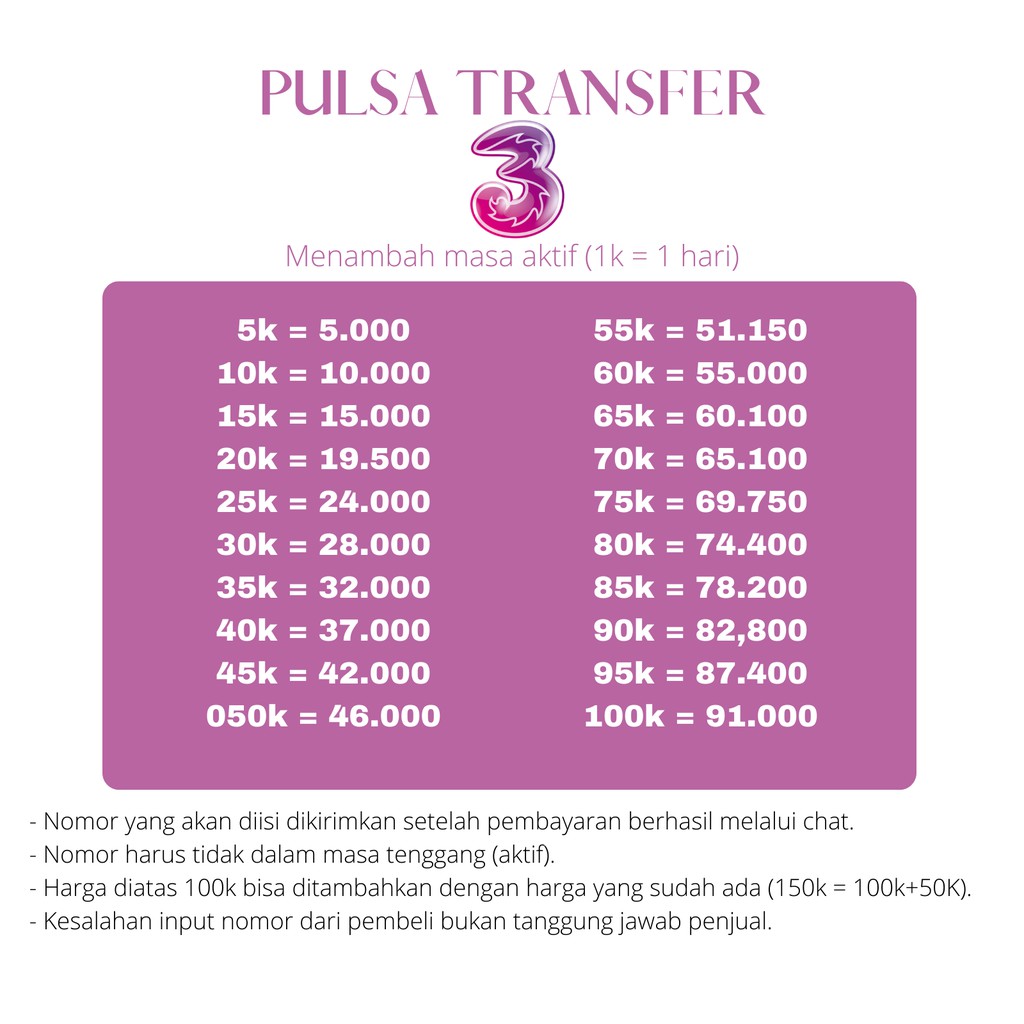 Pulsa Transfer Tri Three 3 Termurah 5 10 15 20 25 30 35 Ribu Shopee Indonesia