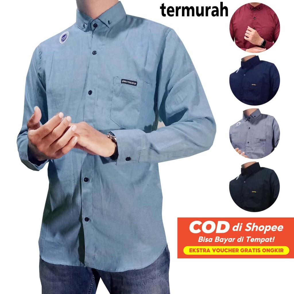 Kemeja Pria Lengan Panjang Cowok Motif Polos Formal Slim Fit Kemeja Kasual Hem Pria Lengan Panjang