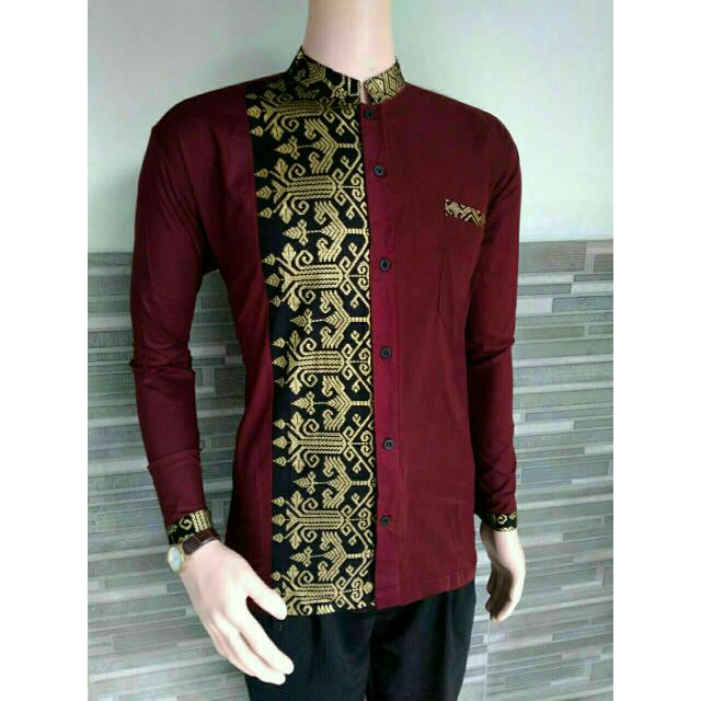 Konveksi Batik Koko Polos Kombinasi Prada Lengan Panjang Maroon