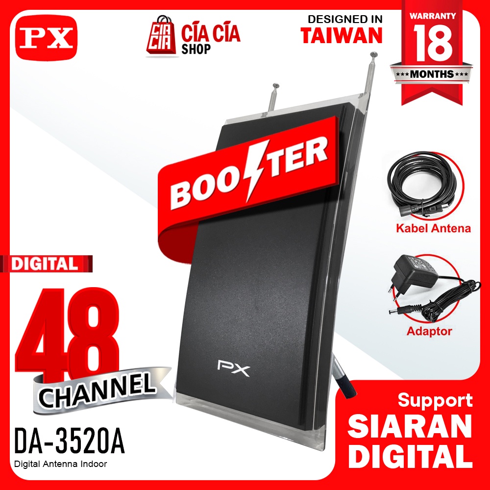 Antena TV Indoor PX DA-3520A Hitam Digital TV DVB-T2 HDTV Digital Analog + Kabel